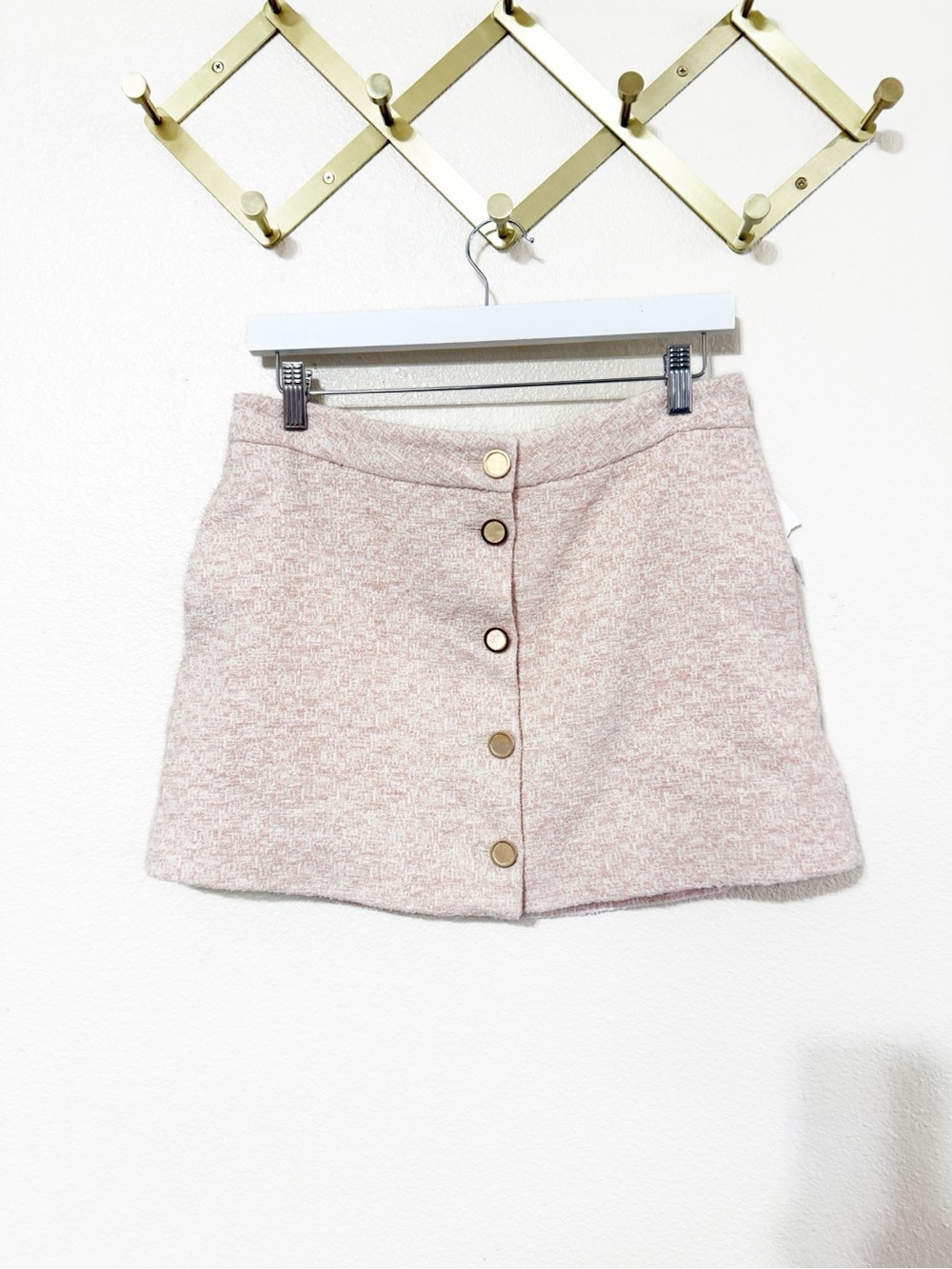 Frame The Tweed Light Pink Gold Button Front A-Line Mini Skirt NEW Size 8 - Picture 8 of 13